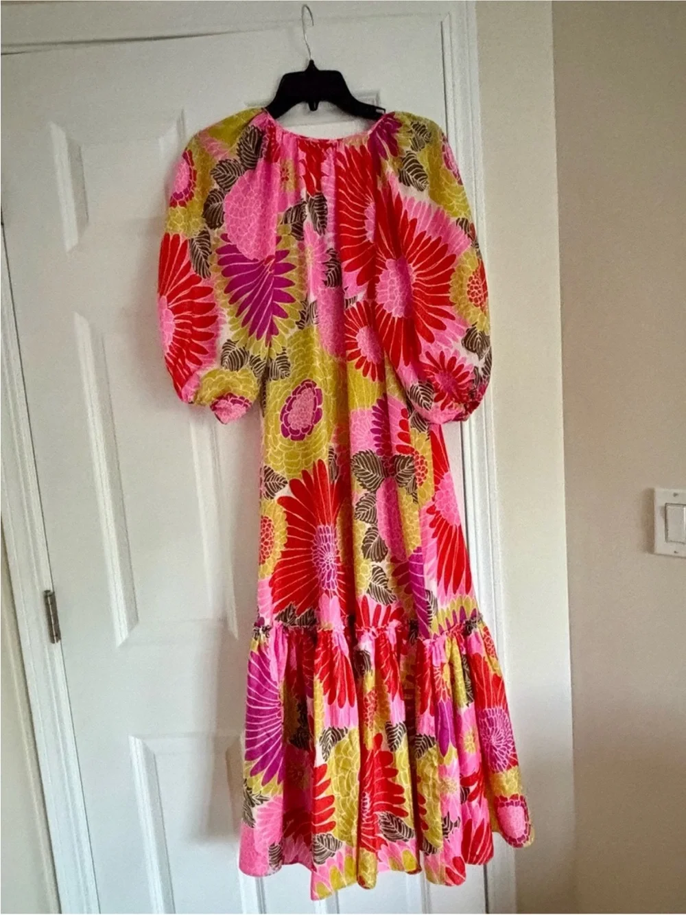 Trina Turk silk women Pink, Red & Yellow Floral Puff-Sleeve Maxi Dress